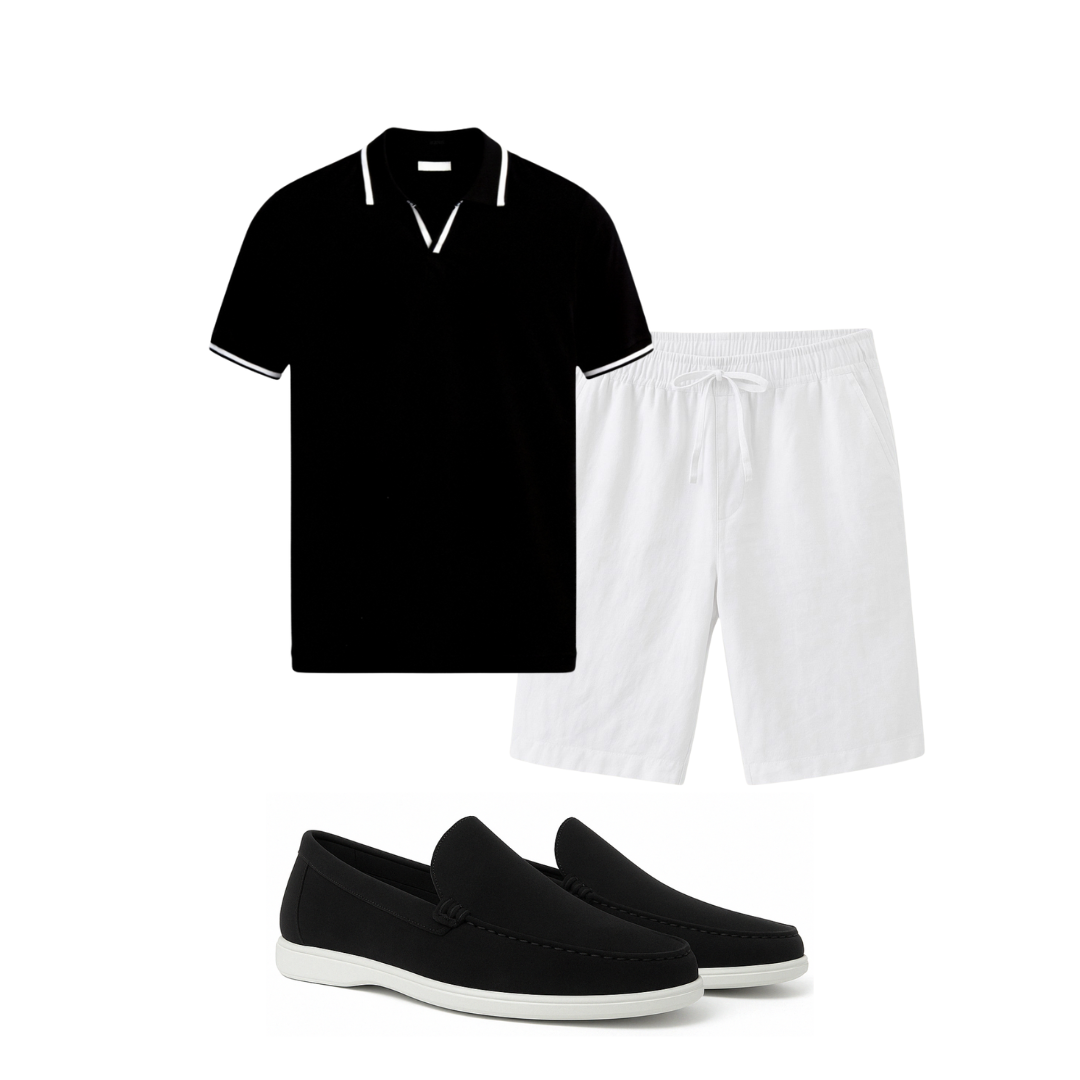 Black polo shirt, white shorts, and black loafers on a white background