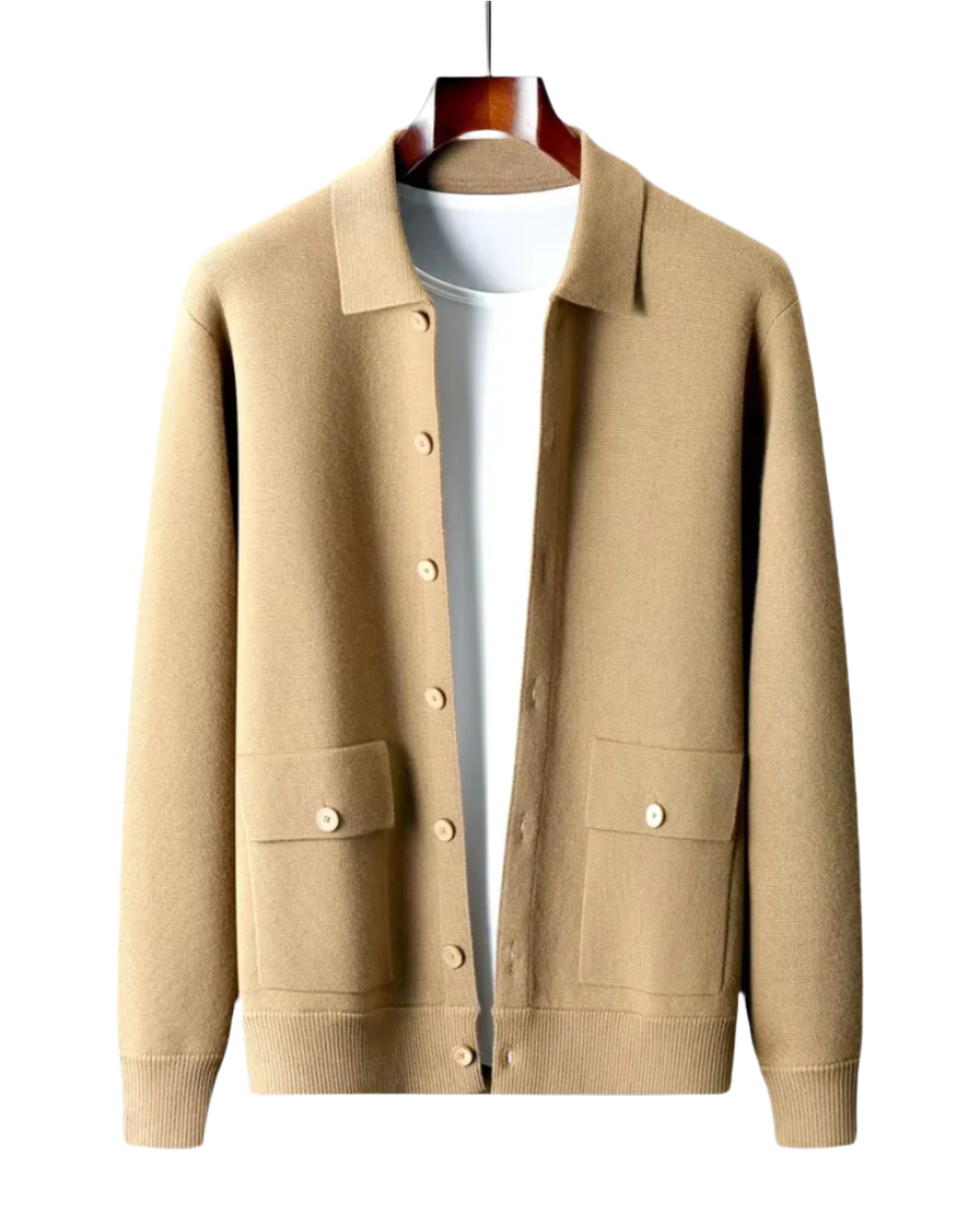 Beige cardigan on a hanger against a white background
