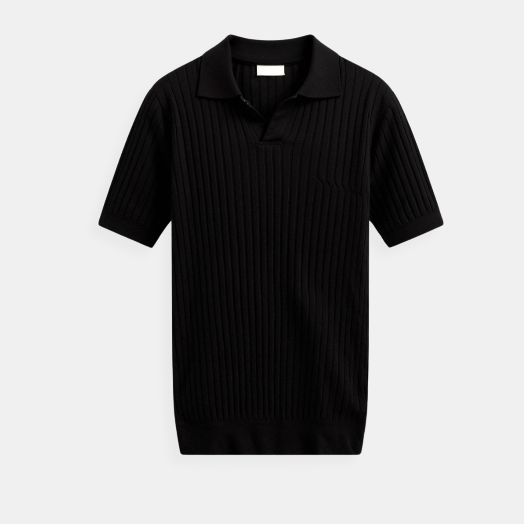 Black ribbed knit dress on a light gray background