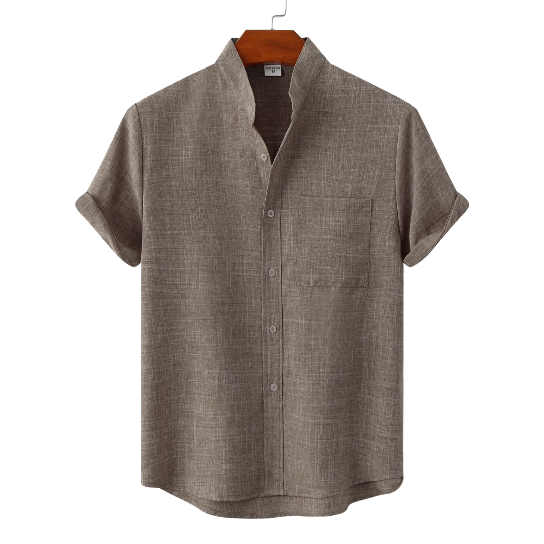 Brown short-sleeve shirt on a hanger with a white background