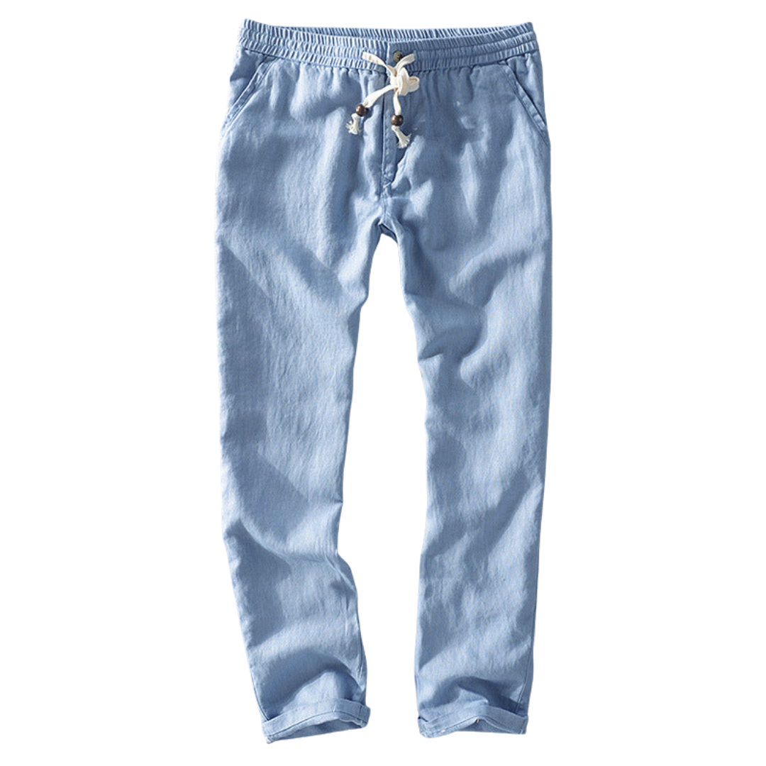 Light blue pants with drawstring on a white background