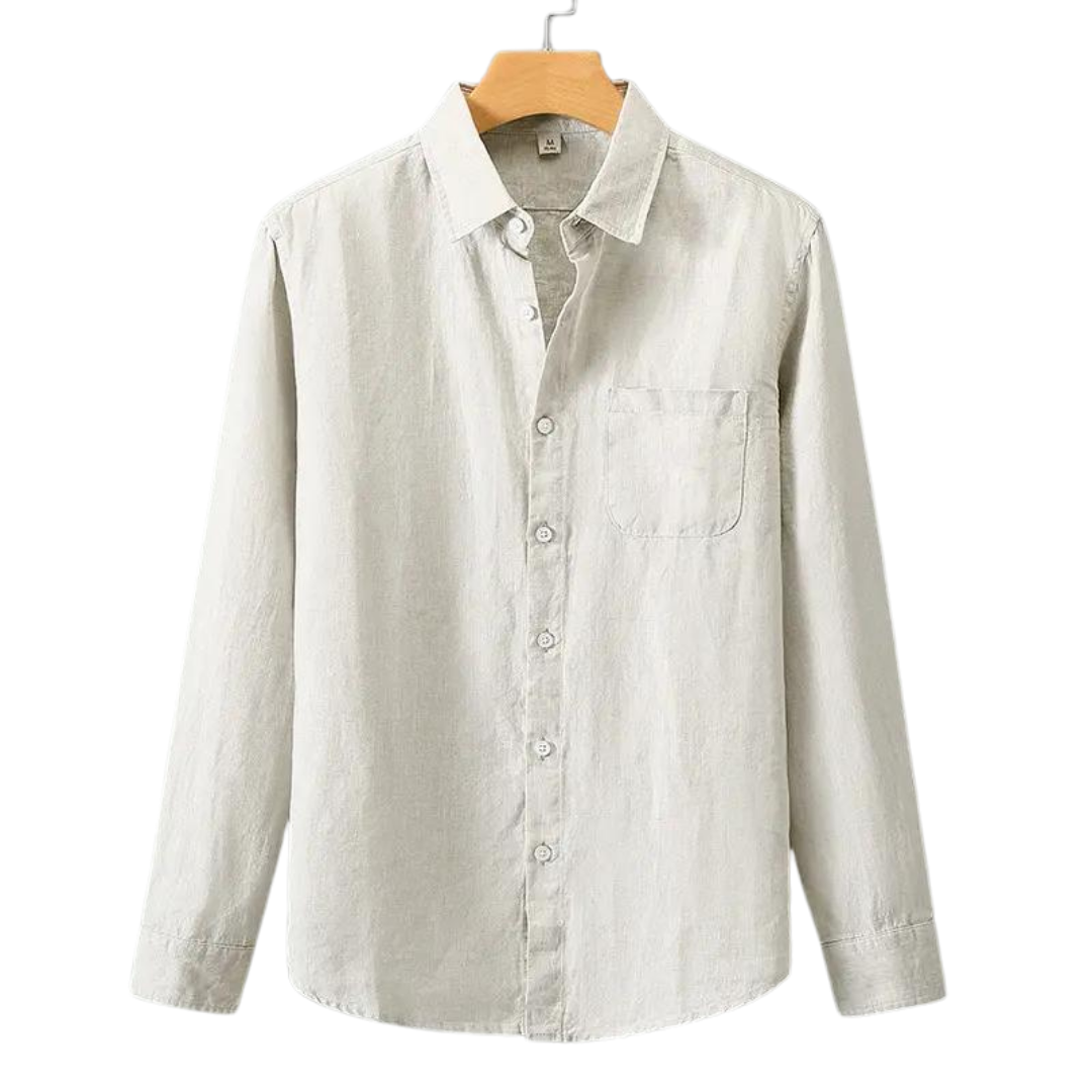 Light gray button-up shirt on a wooden hanger against a white background