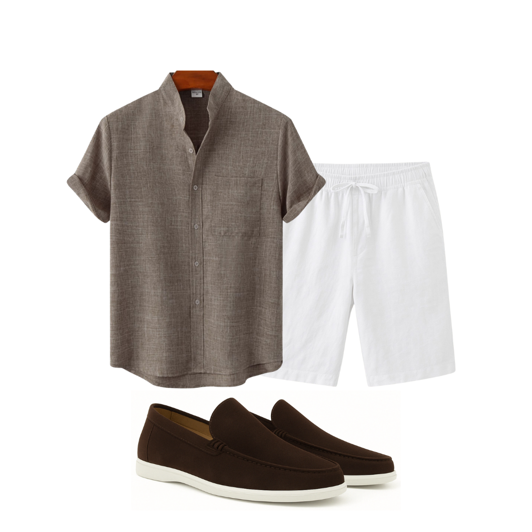 Brown shirt, white shorts, and brown shoes on a white background