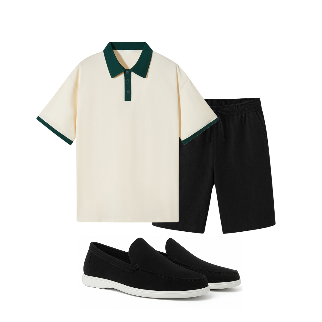 White shirt with green collar, black shorts, and black shoes on a white background