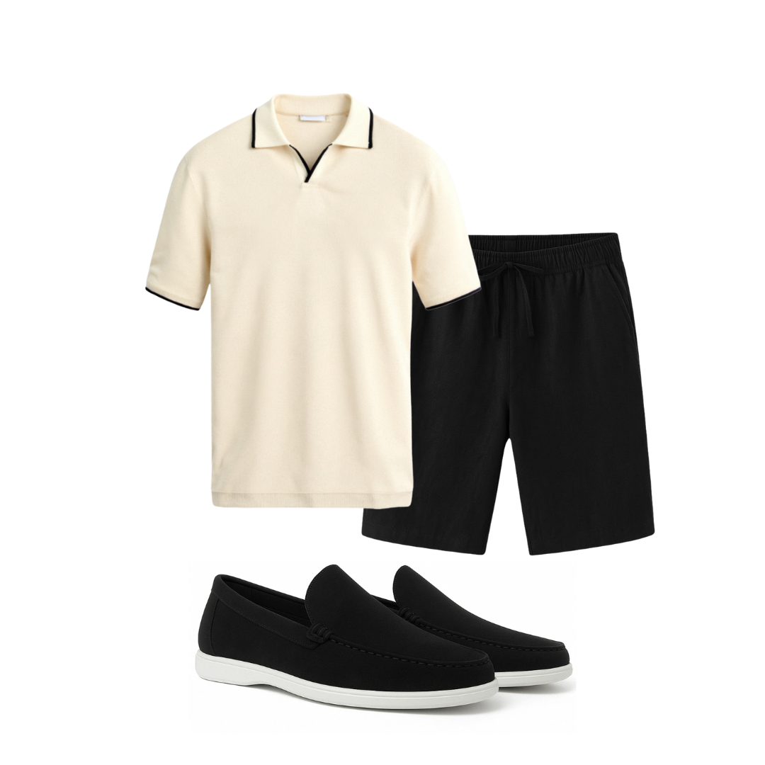 Beige polo shirt, black shorts, and black shoes on a white background