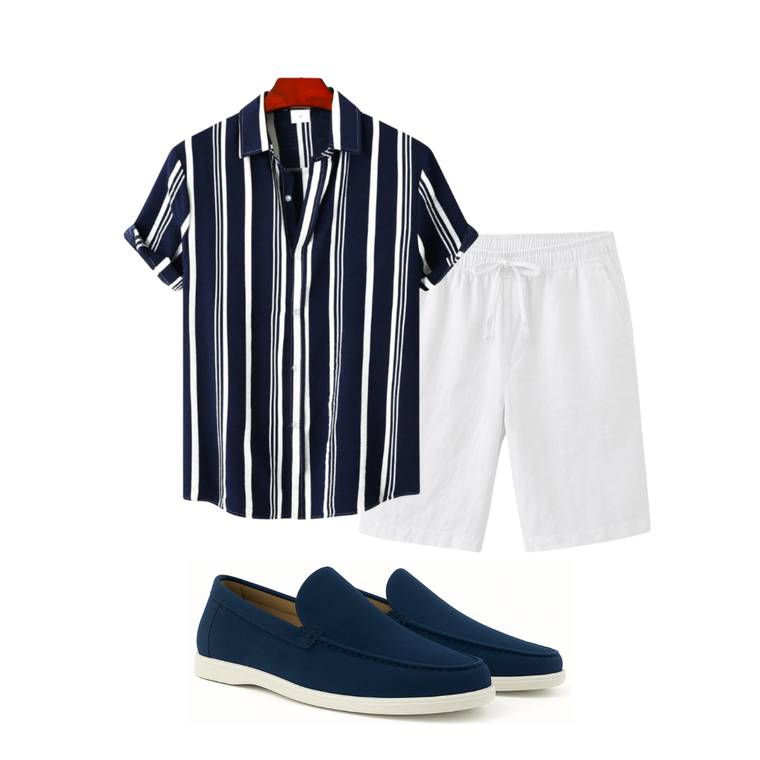 Nautical-themed outfit with striped shirt, white shorts, and navy loafers on a white background