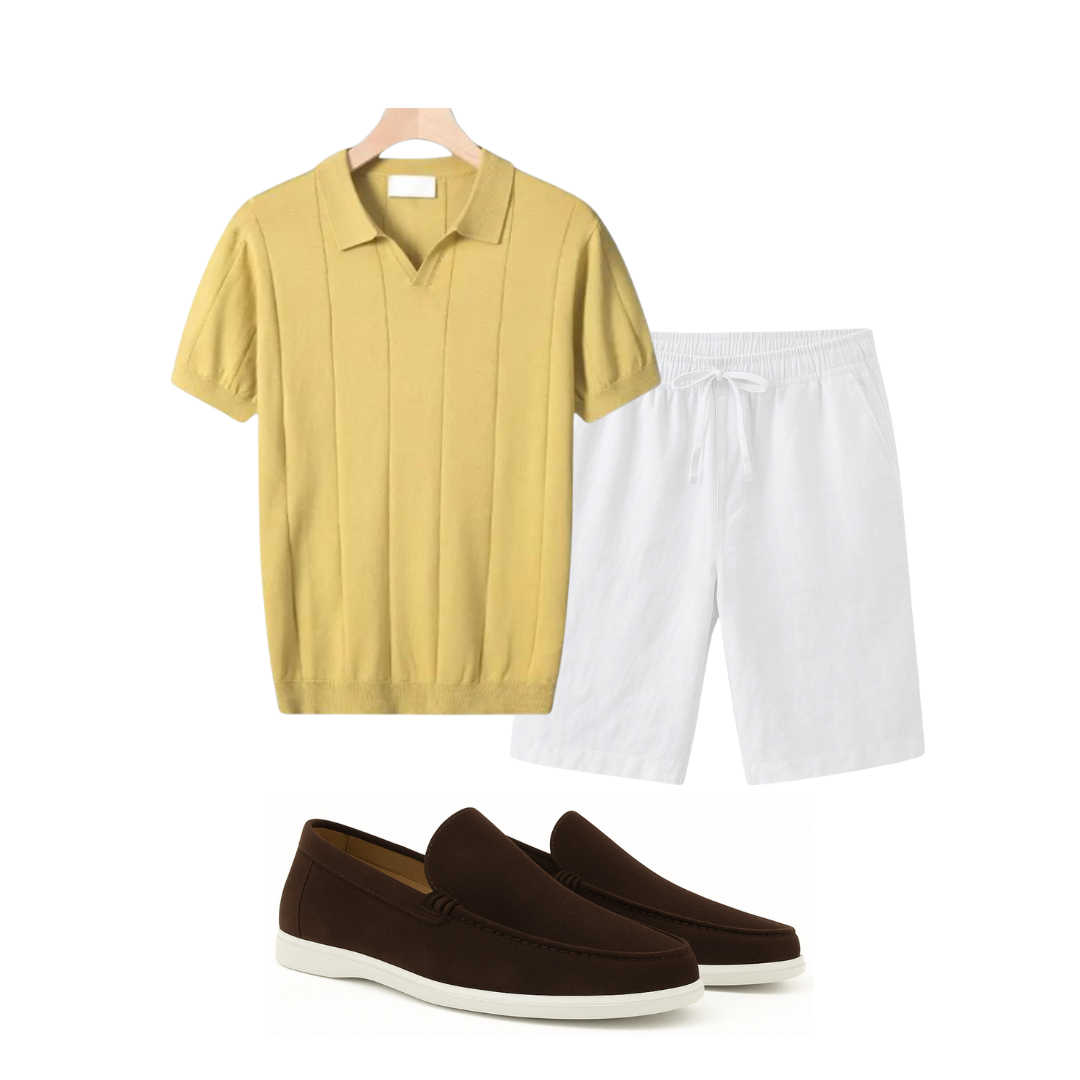 Yellow polo shirt, white shorts, and brown shoes on a white background
