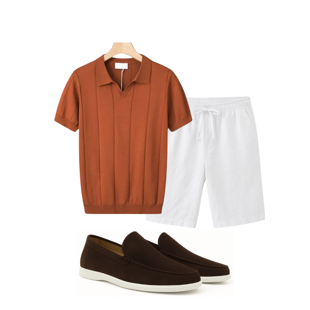 Brown polo shirt, white shorts, and brown loafers on a white background