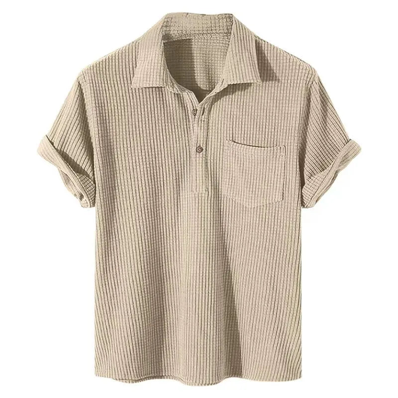 Beige checkered short-sleeve shirt on a white background