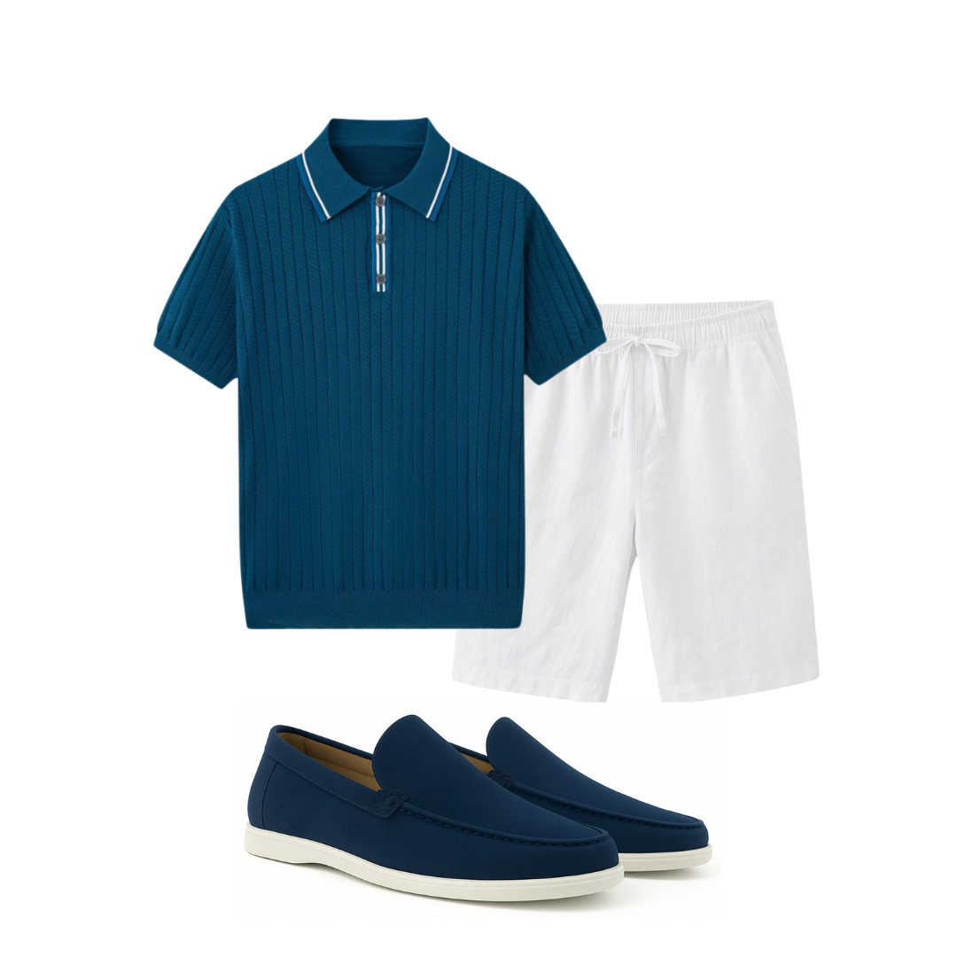 Blue polo shirt, white shorts, and navy loafers on a white background