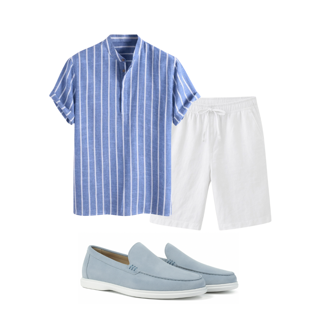 Blue striped shirt, white shorts, and light blue loafers on a white background