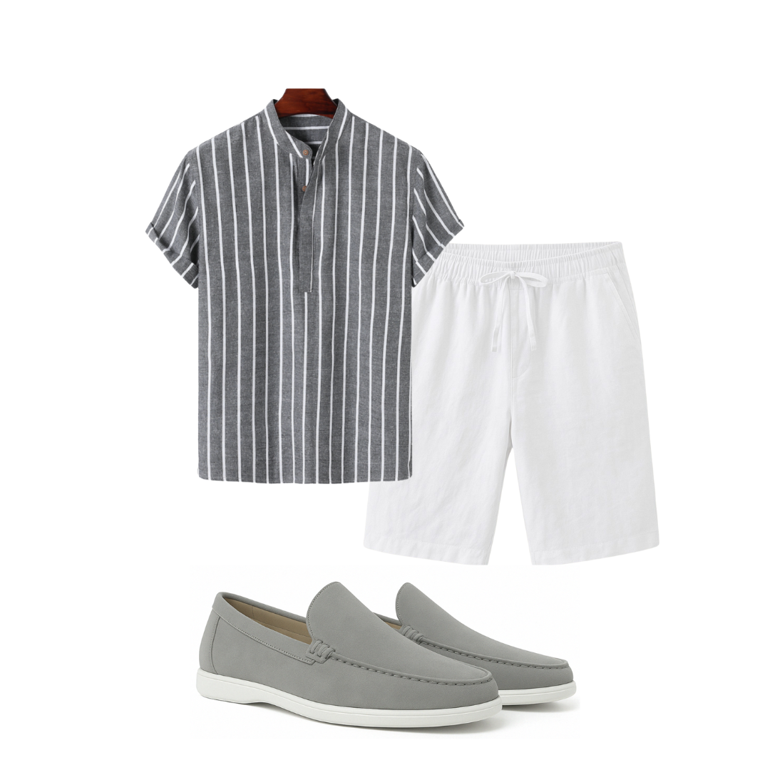 Striped shirt, white shorts, and gray loafers on a white background
