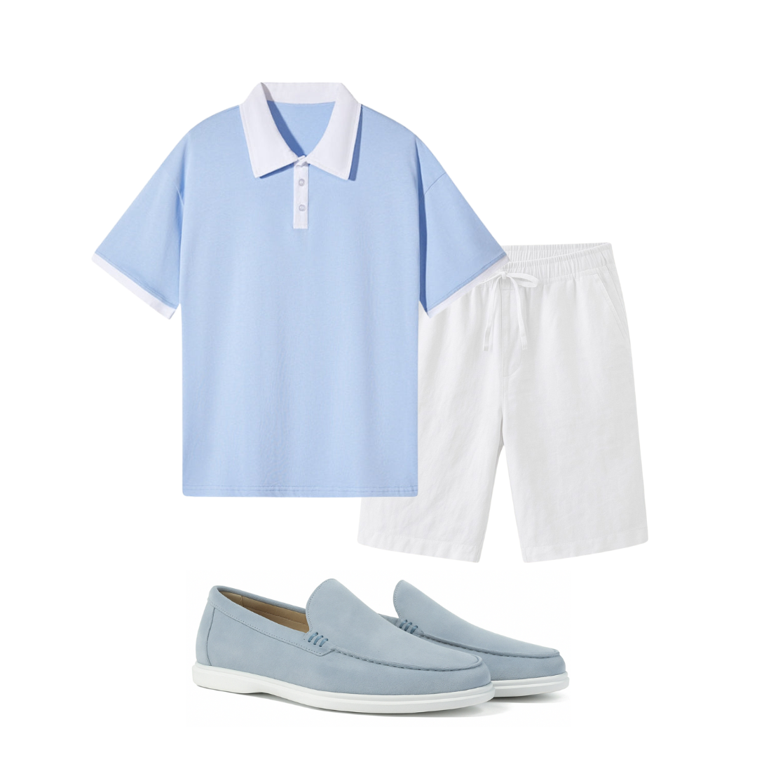 Light blue polo shirt, white shorts, and light blue loafers on a white background
